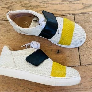 sonatina white leather yellow and black wide velcro strap sneakers womens 6.5